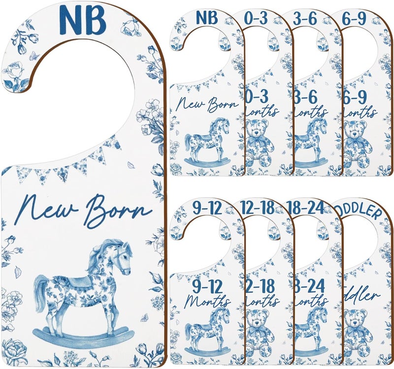 CORNER LACE Baby Closet Dividers 8PCS, Blue Toile Themed Wooden Double-Sided Clothes Size Hanger/Organizer from Newborn to Toddler for Nursery Decor Baby Shower Birthday Gender Reveal Party Gift - Image 1